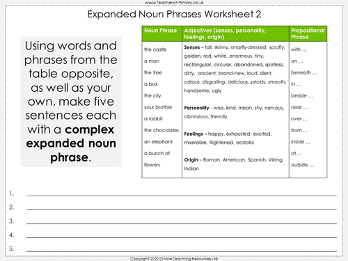 expanded noun phrases year 5 homework
