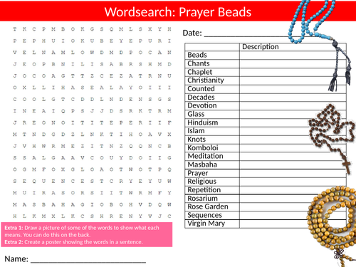 Prayer Beads Wordsearch RE Religious Education Starter Settler Activity