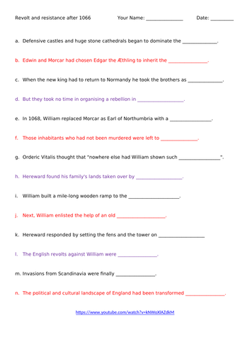 BBC Revolt and Resistance After 1066 video worksheet