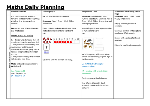 Year 1 Term 1 Week 1 Day 3 To match numbers with numerals