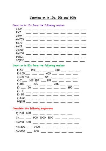 Counting on in 10s 50s and 100s differentiated worksheets | Teaching