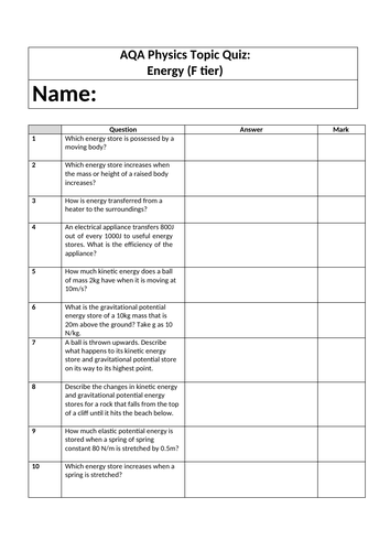 AQA Combined Science (Trilogy) Physics - Energy Recovery Curriculum ...