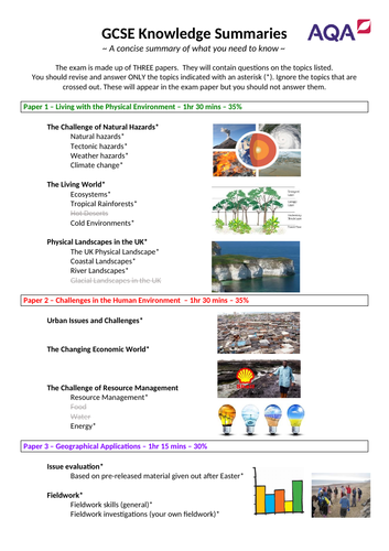 aqa gcse geography knowledge organiser revision summary exam year