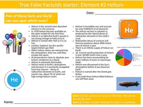 Helium True or False Worksheet Starter Activity Homework Cover ...