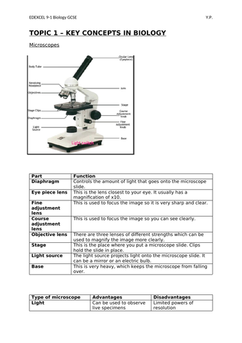 EDEXCEL BIOLOGY 9-1 GCSE (Separate) Topic 1 Key Concepts Notes YP