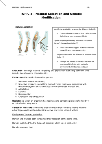 EDEXCEL BIOLOGY 9-1 GCSE (Separate) Topic 4 Natural Selection and Genetic Modification YP