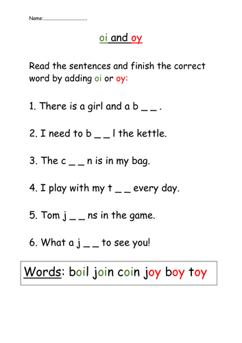 oy and oi phonics powerpoint and worksheet teaching resources