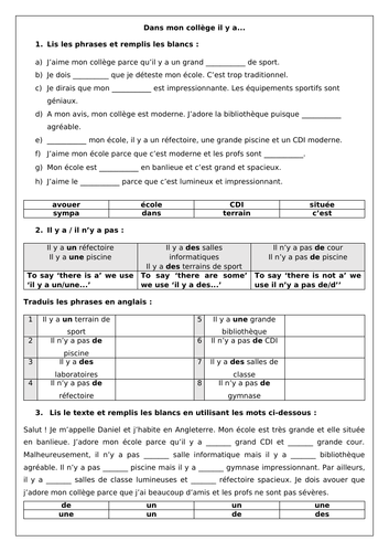 French Mon collège / école: my school - 7 Worksheets for GCSE ...