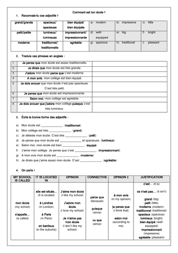 French Mon collège / école: my school - 7 Worksheets for GCSE ...