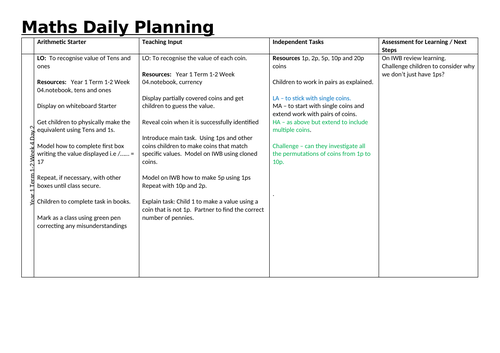 Year 1 Term 1-2 Week 4 Day 2 money – finding the value of two or more coins.