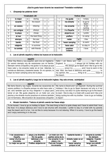 Spanish GCSE Las Vacaciones: Holidays & Present Tense Translation Worksheet