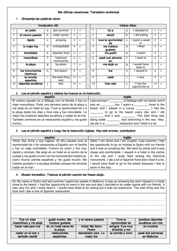 Spanish GCSE Mis últimas vacaciones: Holidays & Past Tense Translation Worksheet