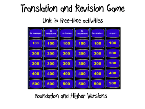 Translation and Revision Game- Unit 3- Free-time activities- GCSE French