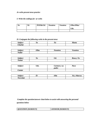 Ar verbs practice present tense | Teaching Resources