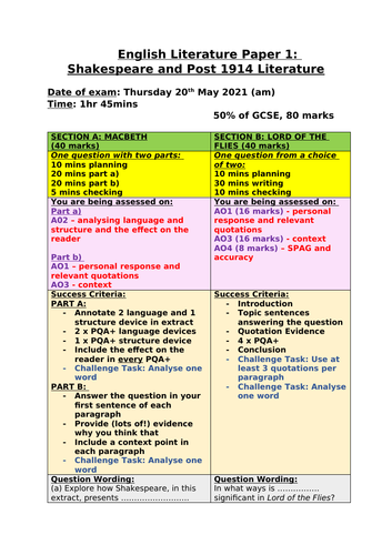 Edexcel Gcse English Exam Grids Updated For Exams In 21 Teaching Resources