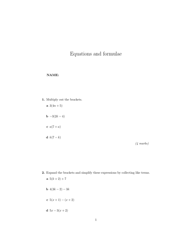 Equations and formulae test no 2 (with solutions) | Teaching Resources