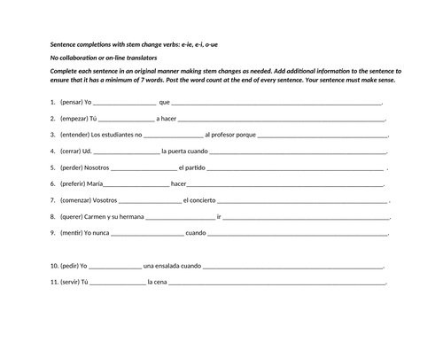 Stem change verb sentence completions | Teaching Resources