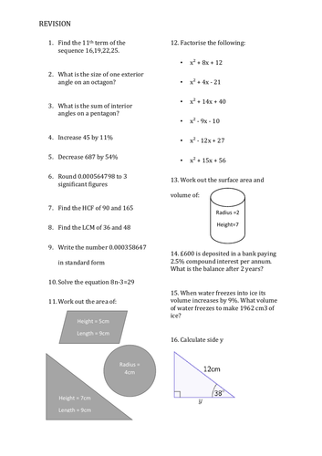 gcse maths revision sheet teaching resources