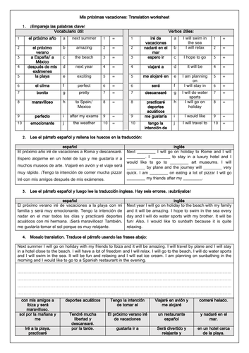 Spanish GCSE Mis próximas vacaciones: Holidays & Future Tense Translation Worksheet