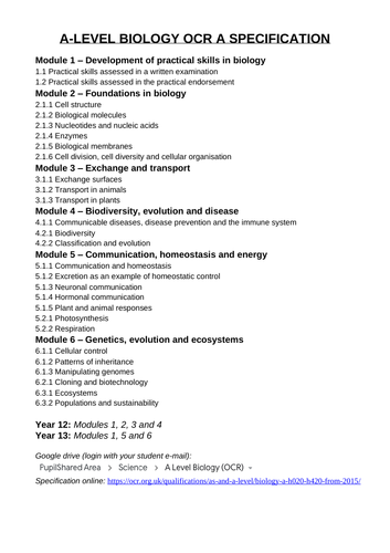 A Level Biology Ocr Topic List