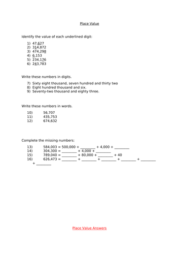 Year 5 Place Value - Numbers to One Million