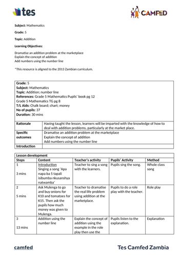 Addition lesson plans (Grade 5, Zambian Curriculum) | Teaching Resources