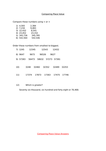 Year 5 Place Value - Comparing and Ordering Numbers