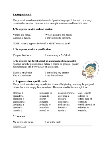 spanish-preposition-a-handout-reading-worksheet-la-preposici-n-a