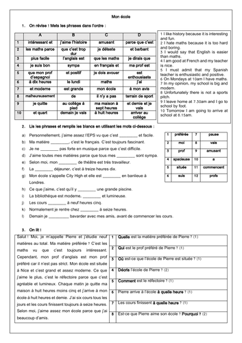 French mon école reading worksheet (subjects, teachers, school routine)