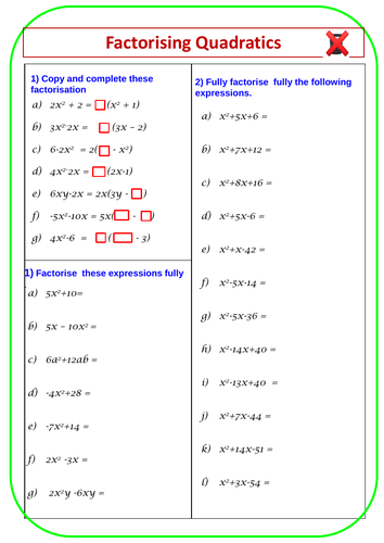 Algebra: factorise quadratic expressions