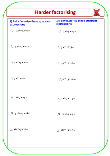 Algebra : factorise harder quadratic expressions