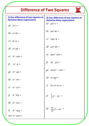 Algebra: Factorising Difference of two squares