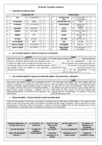 Mi familia: Family and Relationships Translation GCSE Worksheet