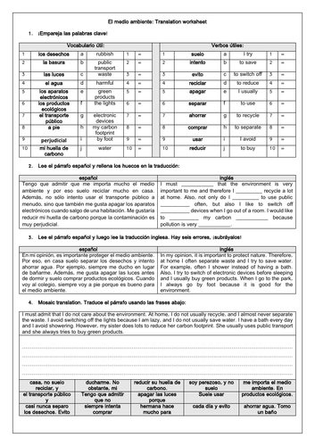 Spanish GCSE El medio ambiente: Environment Topic Translation Worksheet