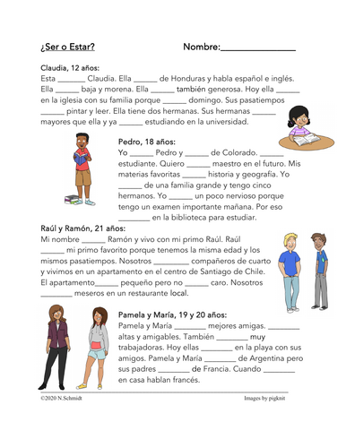 Ser vs Estar Lectura: Spanish Reading and Worksheet: 30 Fill in the Blanks