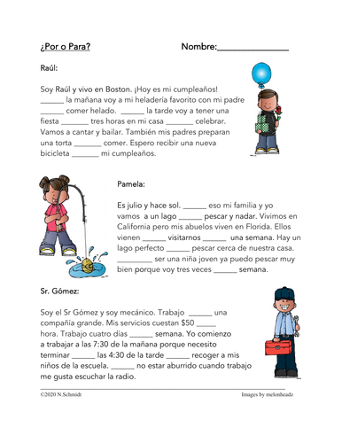 Por o Para Worksheet: 3 Short Readings in Spanish with 20 Fill in the