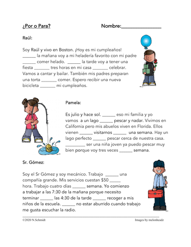 Por o Para Worksheet: 3 Short Readings in Spanish with 20 Fill in the Blanks