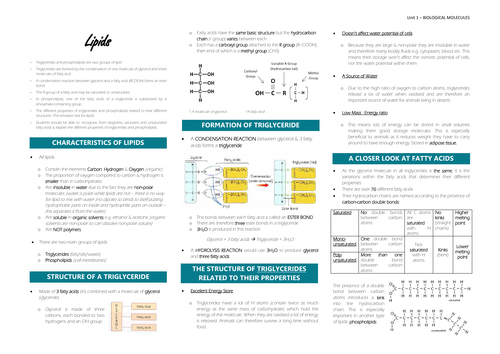 Lipids Summary Sheet (AQA Biology A-Level) | Teaching Resources