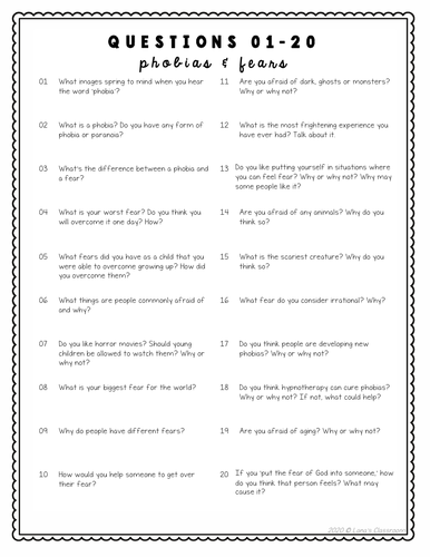Conversation Starter Cards | Phobias and Fears | Social Skills for ...