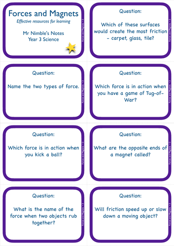 Year 3 Quiz Cards - Forces And Magnets 