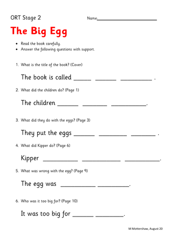 ORT Stage 2 Reading Comprehension The Big Egg | Teaching Resources