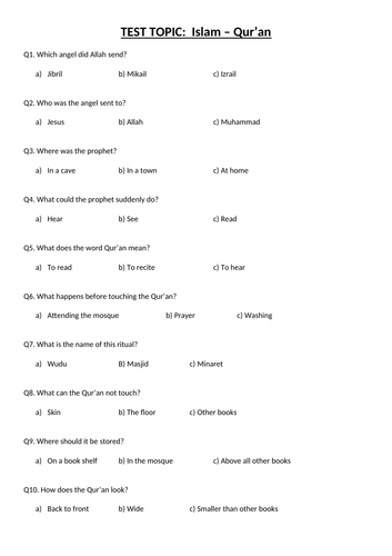 Qur'an Knowledge RE Test KS3 | Teaching Resources