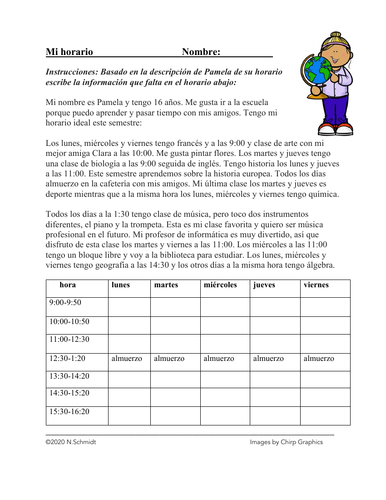 Mi horario Lectura de las Materias / Clases: School Schedule Reading + Worksheet