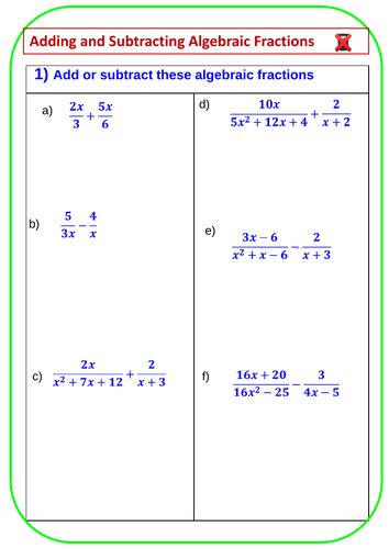 Adding and subtracting Algebraic fractions | Teaching Resources