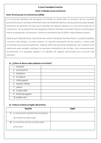 Spanish A Level Divorce & Family: translations on divorcios por el coronavirus / familia & answers