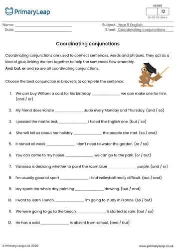 Coordinating Conjunctions Worksheet Tes