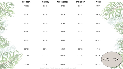 NEW Academic School Year Teacher Calendar 2020-2021