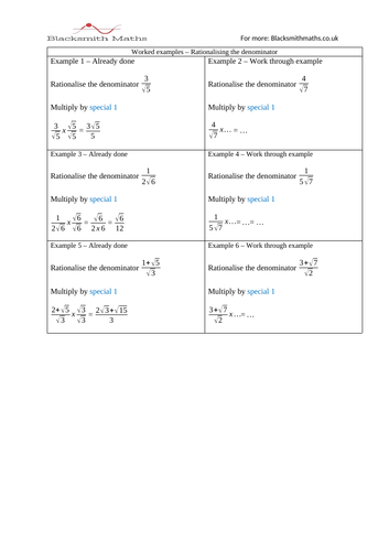 Rationalising the denominator worksheet Teaching Resources