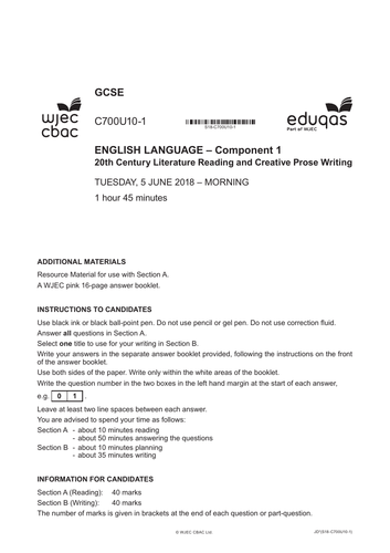 Eduqas English Language Complete Paper 1 June 2018 | Teaching Resources