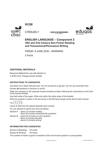 Eduqas English Language Complete Paper 2 - June 2018 | Teaching Resources